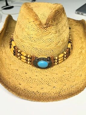 Straw Cowboy Hat with Turquoise Beaded Band